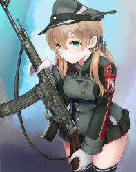 Rule 34 | 1girl, anchor, anchor hair ornament, aqua eyes, assault rifle, black skirt, blonde hair, closed mouth, commentary request, cross, em s, gloves, gun, hair ornament, hat, highres, iron cross, kantai collection, low twintails, microskirt, military, military hat, military uniform, peaked cap, prinz eugen (kancolle), redrawn, rifle, skindentation, skirt, smile, solo, stg44, thighhighs, twintails, uniform, weapon, white gloves