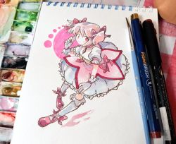 Rule 34 | 1girl, ankle ribbon, blush, blush stickers, breasts, bubble skirt, choker, commentary, english commentary, frilled skirt, frills, from above, full body, gloves, hair between eyes, hair ribbon, happy, kaname madoka, leg ribbon, looking at viewer, mahou shoujo madoka magica, mahou shoujo madoka magica (anime), marker, marker (medium), no nose, notebook, paint, painting (medium), parted bangs, photo (medium), pink choker, pink eyes, pink footwear, pink hair, pink neckwear, pink ribbon, pink theme, puffy short sleeves, puffy sleeves, ribbon, short sleeves, short twintails, simple background, skirt, small breasts, smile, socks, solo, soul gem, traditional media, twintails, watercolor (medium), white background, white gloves, white skirt, white socks, yookikiku