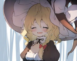 Rule 34 | 1girl, :d, ^ ^, black dress, black hat, black ribbon, blonde hair, blush, bow, braid, breasts, cleavage, closed eyes, commentary request, dress, facing viewer, hair between eyes, hair bow, happy tears, hat, hat bow, kirisame marisa, neck ribbon, open mouth, piyokichi, puffy short sleeves, puffy sleeves, rain, red bow, ribbon, short hair, short sleeves, single braid, small breasts, smile, solo, tears, touhou, upper body, white bow
