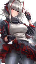 Rule 34 | 1girl, akehi yuki, antenna hair, arknights, black gloves, black jacket, black skirt, black thighhighs, breasts, clothes lift, cowboy shot, demon horns, detonator, fingerless gloves, gloves, grey hair, grey shirt, head tilt, holding, horns, jacket, large breasts, lifted by self, long sleeves, looking at viewer, medium hair, nail polish, open clothes, open jacket, red eyes, red nails, shirt, simple background, skirt, skirt lift, smile, solo, standing, thighhighs, turtleneck, w (arknights), white background