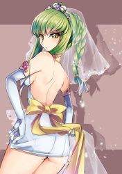 Rule 34 | 1girl, alternate hairstyle, ass, back, backless dress, backless outfit, bad id, bad pixiv id, bare back, bare shoulders, blush, bow, braid, braided ponytail, breasts, bridal veil, c.c., choker, code geass, dress, elbow gloves, flat ass, from behind, gloves, green hair, long hair, looking back, shadow, shida (xwheel), sideboob, sidelocks, single braid, small breasts, solo, tiara, veil, wedding dress, yellow eyes