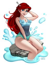 Rule 34 | 1girl, alternate costume, ariel (disney), blue eyes, bow, breasts, casual one-piece swimsuit, commission, disney, feet out of frame, hand in own hair, highres, jackary, lipstick, makeup, medium breasts, one-piece swimsuit, red hair, rock, sitting, sitting on rock, smile, splashing, swimsuit, thighs, water