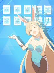 Rule 34 | 1girl, ^ ^, animal ears, asuna (blue archive), asuna (bunny) (blue archive), bare shoulders, black pantyhose, blonde hair, blue archive, blue bow, blue bowtie, blue halo, blue leotard, blue ribbon, bow, bowtie, breasts, cleavage, closed eyes, covered navel, detached collar, elbow gloves, eyes visible through hair, fake animal ears, gloves, hair over one eye, hair ribbon, halo, hand up, head tilt, highres, kuu (user gngs5284), leotard, light, long hair, open mouth, pantyhose, playboy bunny, rabbit ears, ribbon, shadow, smile, strapless, strapless leotard, very long hair, white gloves