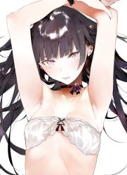 Rule 34 | 1girl, armpits, arms up, black hair, blunt bangs, bra, breasts, choker, cleavage, collarbone, flower choker, highres, lace, lingerie, long hair, original, pink eyes, shunsei (muratou), simple background, small breasts, solo, strapless, strapless bra, tongue, tongue out, tsurime, underwear, upper body, very long hair, white background