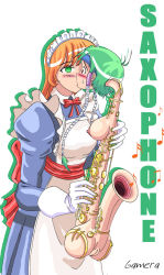Rule 34 | 2girls, apron, ass, blush, breasts, brown eyes, embarrassed, gammatelier, green eyes, green hair, groves, headband, instrument, kiss, maid, maid apron, maid headdress, multiple girls, musical note, nipples, nude, objectification, orange hair, original, pussy, ribbon, saxophone, simple background, skirt, transformation, uncensored, what, yuri