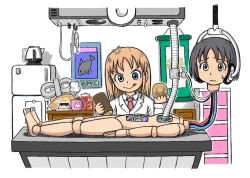 Rule 34 | 2girls, :q, a01-isumi1013, android, black eyes, black hair, blonde hair, blue eyes, cake, child, detachable head, dr. slump, food, hanging scroll, lab coat, long hair, multiple girls, nichijou, nude, on table, parody, poster (object), professor shinonome, pudding, refrigerator, robot, shinonome nano, short hair, smile, style parody, sweatdrop, swiss roll, table, tongue, tongue out, winding key