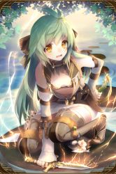 Rule 34 | 1girl, ahoge, artist request, belt, blush, breasts, cat, dagger, detached sleeves, downblouse, dress, dual wielding, fish, grand sphere, green hair, hair ribbon, highres, holding, jewelry, knife, leaf, lightning, long hair, necklace, ribbon, scarf, small breasts, solo, squatting, thighhighs, water, weapon, white dress, yellow eyes, zettai ryouiki, zipper