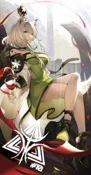 Rule 34 | 1girl, absurdres, alcohol, animal ears, arknights, bare legs, bare shoulders, black footwear, breasts, cat ears, crossed legs, cup, cupping glass, dress, green dress, green eyes, highres, holding, holding cup, kal&#039;tsit (arknights), large breasts, long sleeves, looking at viewer, material growth, off shoulder, oripathy lesion (arknights), shoes, short dress, short hair, solo, tabayashi, thighs, white hair, wine