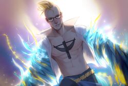 Rule 34 | 1boy, anchor tattoo, blonde hair, blue fire, blue wings, facial hair, fiery wings, fire, frojdhart, glasses, highres, male focus, marco (one piece), one piece, pubic tattoo, short hair, signature, solo, solo focus, tattoo, topless, topless male, wings