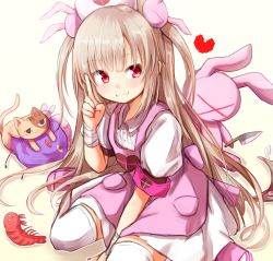 Rule 34 | 1girl, animal, apron, armband, bandaged arm, bandages, baram, beige background, cat, center frills, collared shirt, fingernails, frills, gradient background, grin, hair ornament, hand up, hat, head tilt, heart, highres, index finger raised, knife, light brown hair, long hair, nail polish, natori sana, nurse cap, pink apron, pink footwear, pink hat, pleated skirt, puffy short sleeves, puffy sleeves, rabbit hair ornament, red eyes, red nails, saana-kun, safety pin, sana channel, shirt, short sleeves, shrimp, skirt, slippers, smile, solo, thighhighs, two side up, very long hair, virtual youtuber, white shirt, white skirt, white thighhighs