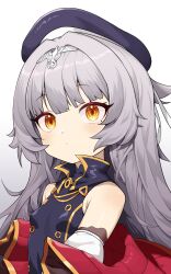 Rule 34 | 1girl, armpit crease, azur lane, beret, breasts, buttons, closed mouth, cross, double-breasted, gradient background, grey background, grey hair, hair intakes, hat, headpiece, highres, iron cross, jacket, long hair, looking at viewer, messy hair, mole, mole under eye, off shoulder, pg (pege544), reichsadler, sidelocks, small breasts, solo, upper body, yellow eyes, z46 (azur lane)