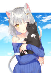 Rule 34 | 1girl, ;o, animal, animal ear fluff, animal ears, animal hug, bare shoulders, black cat, blue sky, blue sweater, blush, breasts, brown eyes, cat, cat ears, cat girl, cat tail, cloud, cloudy sky, collarbone, commentary request, day, dress, highres, long hair, long sleeves, medium breasts, off-shoulder sweater, off shoulder, one eye closed, original, outdoors, parted lips, ribbed sweater, silver hair, sky, sleeves past wrists, solo, sweater, sweater dress, tail, upper body, yuraiko