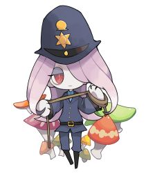 Rule 34 | 10s, 1girl, belt, chibi, hair over one eye, hat, highres, little witch academia, long hair, m10, m10 (roccay), mushroom, no nose, police, police hat, police uniform, policewoman, purple hair, red eyes, rope, solo, sucy manbavaran, twitter username, uniform