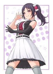 Rule 34 | 1girl, belt, birthday, black gloves, black hair, breasts, commentary, elbow gloves, gloves, grey thighhighs, highres, kazuno sarah, long hair, looking at viewer, love live!, love live! sunshine!!, medium breasts, morita49c, pink eyes, self control!!, side ponytail, sidelocks, single glove, smile, solo, thighhighs
