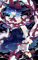 Rule 34 | 1girl, black hat, black skirt, blouse, blue hair, bow, capelet, commentary, feet out of frame, finger to mouth, frilled capelet, frilled shawl, frills, hagoromo, hair between eyes, hat, hat bow, highres, holding shawl, long sleeves, looking at viewer, nagae iku, nikorashi-ka, one-hour drawing challenge, red bow, red eyes, red ribbon, ribbon, shawl, shirt, short hair, skirt, solo, touhou, white capelet, white shirt