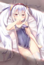Rule 34 | 1girl, animal ears, azur lane, bed sheet, blue one-piece swimsuit, blush, breasts, collarbone, commentary request, covered mouth, covering privates, gluteal fold, hair between eyes, hair ornament, hairband, highres, laffey (azur lane), long hair, looking at viewer, lying, natuna natu, nude cover, on back, one-piece swimsuit, rabbit ears, red eyes, red hairband, sidelocks, silver hair, small breasts, solo, swimsuit, unworn swimsuit, thighhighs, twintails, very long hair, white thighhighs