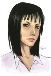 Rule 34 | 1girl, black hair, blue eyes, closed mouth, collared shirt, expressionless, female focus, kurarisa, lips, looking at viewer, nico robin, one piece, shirt, short hair, signature, simple background, solo, white background