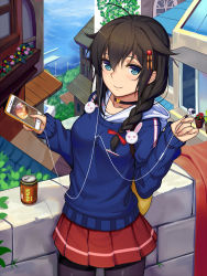 Rule 34 | 10s, 1girl, absurdres, ahoge, alternate costume, black pantyhose, blue eyes, blue sweater, blurry, braid, brown hair, building, can, casual, cellphone, choker, collarbone, cowboy shot, day, depth of field, fingernails, fubuki (kancolle), hair between eyes, hair flaps, hair ornament, hair over shoulder, hair ribbon, headphones, heart, highres, hood, hooded jacket, jacket, kantai collection, light smile, long fingernails, long hair, looking at viewer, miniskirt, ocean, outdoors, pantyhose, perspective, phone, pleated skirt, rabbit, red skirt, remodel (kantai collection), revision, ribbon, shigure (kancolle), sidelocks, single braid, skirt, smartphone, smile, solo, sonikey0 0, stone wall, sweater, wall, water