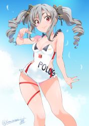 Rule 34 | 1girl, :d, arm up, blue sky, bow, breasts, cleavage, day, drill hair, fingernails, grey hair, hair between eyes, hair bow, highres, idolmaster, idolmaster cinderella girls, inoue sora, kanzaki ranko, leg ribbon, long hair, medium breasts, nail polish, one-piece swimsuit, open mouth, outstretched hand, red eyes, ribbon, sidelocks, skindentation, sky, smile, solo, swimsuit, thigh ribbon, thighs, twin drills, twitter username