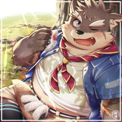 Rule 34 | 1boy, animal ears, animal nose, belly, blouse, blue eyes, blue shirt, brown fur, dappled sunlight, dog boy, dog ears, eating, eyebrow cut, facial scar, fangs, fangs out, fat, fat man, food, framed, furry, furry male, hinami (ryuusei potechi), light rays, looking at viewer, male focus, moritaka (housamo), neckwear request, one eye closed, onigiri, open mouth, scar, scar on arm, scar on cheek, scar on face, scar on nose, scout uniform, shirt, short hair, signature, smile, snout, solo, sunlight, thick eyebrows, tokyo houkago summoners, tree shade, upper body, white shirt