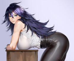 Rule 34 | 1girl, arm rest, armpit crease, artist name, bare shoulders, bent over, black hair, black pants, blue eyes, boku no hero academia, breasts, cuffs, curvy, desk, easonx, from side, hair between eyes, hair over shoulder, hanging breasts, large breasts, leaning on object, long hair, looking at viewer, midnight (boku no hero academia), mole, mole under eye, pants, shirt, shirt tucked in, sleeveless, sleeveless shirt, smile, solo, thick thighs, thighs, tight clothes, tight pants, white shirt
