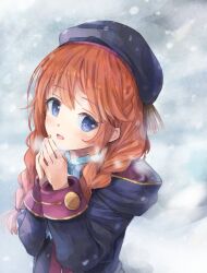 Rule 34 | 1girl, beret, black coat, black hat, blue bow, bow, braid, breath, brown hair, coat, collared dress, commentary request, crown braid, dress, hat, hood, hood down, hooded coat, light blush, long hair, long sleeves, looking at viewer, natsushima memo, open clothes, open coat, open mouth, princess connect!, purple eyes, school uniform, sidelocks, snowstorm, solo, st. theresa&#039;s girls academy school uniform, steepled fingers, twin braids, upper body, white dress, yuni (princess connect!)