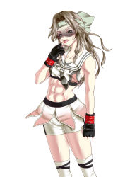 Rule 34 | 1girl, abs, adapted costume, bike shorts, blood, blood on face, blood on hands, blood splatter, brown eyes, brown hair, fingerless gloves, gloves, hair intakes, half updo, jintsuu (kancolle), kantai collection, long hair, looking at viewer, midriff, mma gloves, muscular, muscular female, navel, rigid, rigidsteed, shorts, simple background, sports bra