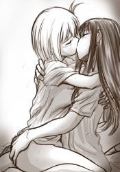 Rule 34 | 2girls, blush, closed eyes, commentary request, greyscale, hand on another&#039;s arm, hand on another&#039;s back, inoue takina, kiss, long hair, lycoris recoil, medium hair, monochrome, multiple girls, nishikigi chisato, one side up, short sleeves, sitting, sitting on lap, sitting on person, sweat, sweatdrop, tegetege, yuri