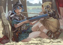 Rule 34 | 1boy, 1girl, armor, black hair, blue eyes, blue hair, boots, bow (weapon), brown footwear, commission, crossbow, crossbow bolt, crossed legs, gladius, greco-roman clothes, helmet, highres, holding, holding crossbow, holding weapon, legionnaire, mossacannibalis, mouth hold, multicolored hair, open mouth, original, roman armor, roman clothes, scar, scar on leg, sitting, two-tone hair, unworn headwear, unworn helmet, weapon