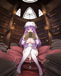 Rule 34 | 1girl, aftersex, blush, book, bookshelf, bow, breasts, censored, convenient censoring, covering face, covering own mouth, covering privates, crescent, cum, cum in pussy, cumdrip, frilled pillow, frills, hair bow, hair censor, hair over breasts, hat, highres, large breasts, library, long hair, looking at viewer, md5 mismatch, patchouli knowledge, pillow, purple eyes, purple hair, room, sitting, solo, thighhighs, touhou, voile, white thighhighs, zaxwu