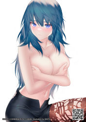 Rule 34 | 1girl, blue hair, blush, grabbing another&#039;s breast, breast hold, breasts, byleth (female) (fire emblem), byleth (fire emblem), covering privates, covering breasts, covering nipples, dmith, embarrassed, fire emblem, fire emblem: three houses, grabbing, grabbing own breast, large breasts, looking at viewer, nintendo, no bra, open clothes, open shorts, qr code, shorts, solo, thighhighs, topless