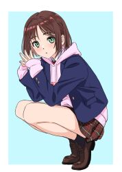 Rule 34 | 1girl, :o, arms on knees, black socks, blazer, blue jacket, blush, bob cut, brown hair, eyelashes, green eyes, hand on own knee, hand on own thigh, highres, hood, hoodie, jacket, legs, loafers, long sleeves, looking at viewer, miniskirt, nishiya yasushi, open clothes, open jacket, original, parted bangs, pink hoodie, pleated skirt, school uniform, shoes, short hair, sidelocks, simple background, skirt, socks, squatting, thick eyebrows, thighs
