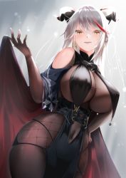 Rule 34 | 1girl, absurdres, aegir (azur lane), azur lane, bare shoulders, bodystocking, breast curtains, breasts, cape, cleavage, corset, cross, curvy, detached sleeves, dress, earrings, elbow gloves, gloves, halterneck, hand up, highres, horns, iron cross, jewelry, large breasts, long hair, looking at viewer, navel, red cape, sano sho, skindentation, smile, solo, standing, very long hair, white hair, yellow eyes