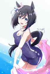 Rule 34 | 1girl, :d, animal ears, black hair, blue eyes, blue one-piece swimsuit, breasts, cleavage, dated, dot nose, eishin flash (umamusume), grey background, hair between eyes, hair ribbon, highres, horse ears, horse girl, horse tail, large breasts, looking at viewer, nii manabu, one-piece swimsuit, open mouth, ribbon, school swimsuit, scrunchie, short hair, shorts, signature, smile, solo, swimsuit, tail, thighs, umamusume, wading, water