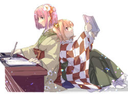 Rule 34 | 2girls, back-to-back, bell, book, calligraphy brush, checkered clothes, checkered kimono, checkered shirt, flower, hair bell, hair flower, hair ornament, hieda no akyuu, holding, holding book, japanese clothes, jingle bell, kimono, koma midori, motoori kosuzu, multiple girls, open book, paintbrush, purple hair, reading, red eyes, scroll, shirt, short hair, sitting, smile, touhou, twintails, two side up, wide sleeves