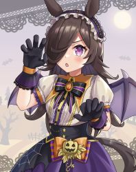Rule 34 | 1girl, absurdres, alternate costume, animal ears, black hair, commentary request, fang, gloves, hair over one eye, halloween, headband, highres, horse ears, horse girl, horse tail, jitsumuraakiho, open mouth, paw pose, purple eyes, rice shower (make up vampire!) (umamusume), rice shower (umamusume), solo, tail, umamusume, wings