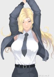 Rule 34 | 1girl, arms up, belt, black belt, black jacket, black necktie, black skirt, blonde hair, blouse, blue eyes, bomber jacket, breasts, cowboy shot, fish can 8, grey background, highres, hornet (kancolle), jacket, kantai collection, large breasts, long hair, long sleeves, looking at viewer, necktie, parted lips, pencil skirt, shirt, skirt, sleeveless, sleeveless shirt, solo, twitter username, white shirt
