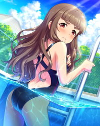 Rule 34 | 10s, 1girl, ass, blunt bangs, blush, breast hold, breasts, brown hair, day, eyebrows, fence, frown, idolmaster, idolmaster cinderella girls, kamiya nao, long hair, official art, one-piece swimsuit, partially submerged, partially underwater shot, pool, pool ladder, red eyes, solo, swimsuit, underwater