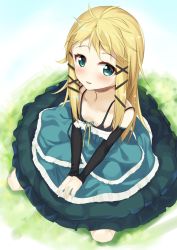 Rule 34 | 1girl, black bullet, blonde hair, blue eyes, blush, breasts, collarbone, detached sleeves, dress, full body, hair ornament, highres, long hair, looking at viewer, open mouth, partner (kprtnr), small breasts, solo, tina sprout, twitter username, x hair ornament