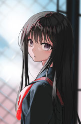 Rule 34 | 1girl, bad id, bad pixiv id, black eyes, black serafuku, black shirt, blurry, blurry background, blush, brown hair, closed mouth, commentary request, depth of field, expressionless, from side, hair ornament, highres, long hair, long sleeves, looking at viewer, looking to the side, nagisa (cxcx5235), neckerchief, original, sailor collar, school uniform, serafuku, shirt, solo, standing, upper body