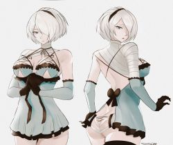 Rule 34 | 1girl, :o, ass, bandaged arm, bandages, black gloves, black headband, blue eyes, blue gloves, breasts, cosplay, eyebrows, gloves, headband, kaine (nier), kaine (nier) (cosplay), medium breasts, mole, mole under mouth, nier (series), nier:automata, own hands together, revealing clothes, simple background, tommy (kingdukeee), trait connection, two-tone gloves, white background, 2b (nier:automata)