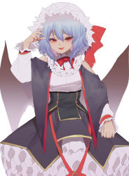 Rule 34 | 1girl, absurdres, alternate costume, bad id, bad pixiv id, bare shoulders, bat wings, blue hair, bobby36446329, bow, bowtie, breasts, clothing cutout, commentary request, cowboy shot, dress, frilled shirt collar, frills, gold trim, hair between eyes, hand up, hat, highres, long sleeves, looking at viewer, medium breasts, mob cap, parted lips, puffy sleeves, purple dress, red bow, red bowtie, red eyes, remilia scarlet, short hair, shoulder cutout, simple background, smile, solo, touhou, white background, white hat, wings