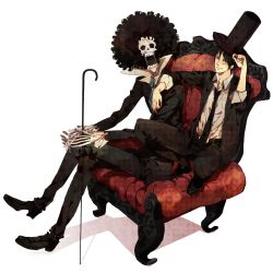 Rule 34 | 2boys, adjusting clothes, adjusting headwear, afro, bad id, bad pixiv id, black hair, brook (one piece), chair, formal, hand on headwear, hat, male focus, mcr, monkey d. luffy, multiple boys, one piece, red upholstery, short hair, sitting, skeleton, suit, top hat