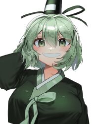 Rule 34 | 1girl, black hat, breasts, green eyes, green hair, green kimono, hat, highres, japanese clothes, kimono, large breasts, looking at viewer, ofuda, ofuda on clothes, short hair, simple background, smile, soga no tojiko, solo, tate eboshi, touhou, upper body, vuluhappy, white background