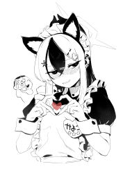Rule 34 | 1boy, 1girl, absurdres, alternate costume, anger vein, animal ears, blue archive, blush, cat ears, doodle sensei (blue archive), dress, enmaided, fake animal ears, forced smile, halo, heart, heart hands, highres, kayoko (blue archive), long hair, maid, maid day, monochrome, multicolored hair, negiuma, sensei (blue archive), taking picture, two-tone hair, upper body, wrist cuffs