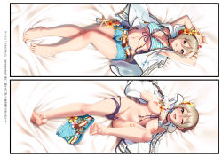 Rule 34 | 1girl, :p, ;d, bare legs, barefoot, bikini, bikini around one leg, bikini top lift, blonde hair, blue shorts, breasts, brown eyes, casino (casinoep), clothes lift, dakimakura (medium), feet, flower, front-tie bikini top, front-tie top, hair between eyes, hibiscus, highres, idolmaster, idolmaster cinderella girls, jacket, large breasts, lifted by self, looking at viewer, lying, multiple views, navel, nipples, non-web source, on back, one eye closed, open mouth, red flower, shiomi syuko, short shorts, shorts, smile, soles, stomach, striped bikini, striped clothes, swimsuit, toes, tongue, tongue out, unworn shorts, white jacket, yellow flower