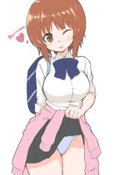 Rule 34 | 1girl, bag, brown eyes, brown hair, clothes lift, girls und panzer, heart, highres, lifted by self, nishizumi miho, one-hour drawing challenge, one eye closed, panties, ribbon, shirt, short hair, skirt, skirt lift, tongue, tongue out, twitter username, underwear, white panties, white shirt, yabai gorilla