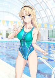Rule 34 | 1girl, absurdres, ahoge, aqua one-piece swimsuit, black hairband, blonde hair, blue eyes, blue one-piece swimsuit, breasts, collarbone, commentary request, competition swimsuit, covered navel, feet out of frame, hairband, highleg, highleg swimsuit, highres, indoors, kohagura ellen, lane line, long hair, medium breasts, multicolored clothes, multicolored swimsuit, one-piece swimsuit, pool, pool ladder, solo, standing, string of flags, swimsuit, takafumi, toji no miko, v, variant set