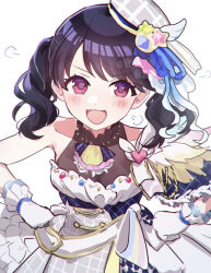 Rule 34 | 1girl, aosoraa6, bare shoulders, beret, black hair, commentary request, dress, fangs, fukumaru koito, gloves, hair ornament, hat, idolmaster, idolmaster shiny colors, looking at viewer, mini hat, open mouth, purple eyes, skin fangs, solo, twintails, white background, white dress, white gloves