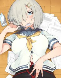 Rule 34 | 10s, 1girl, bdsm, black pantyhose, blue eyes, blush, bondage, bound, breasts, condom, condom in mouth, hair ornament, hair over one eye, hairclip, hamakaze (kancolle), hand in own hair, highres, jewelry, kantai collection, kei (soundcross), large breasts, looking at viewer, lying, mouth hold, on back, pantyhose, paper, ring, school uniform, serafuku, short hair, silver hair, smile, solo, underwear, wedding ring